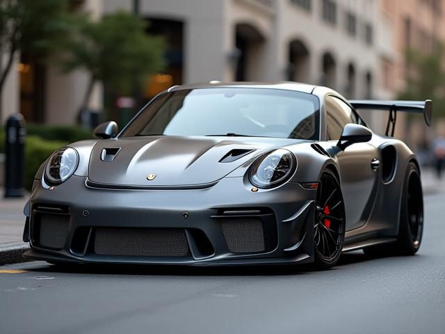 Porsche 911 customizzata con body kit aerodinamico e cerchi in lega neri lucidi